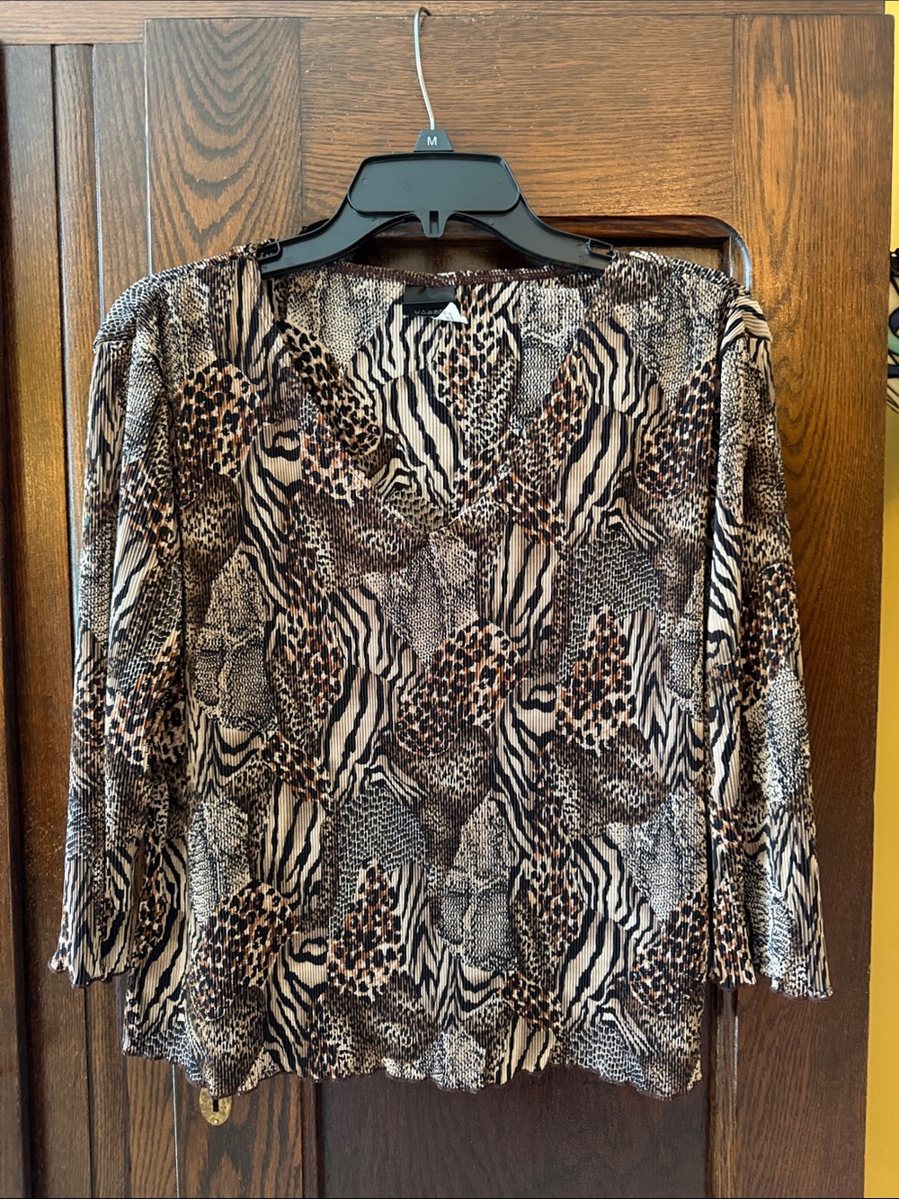 Womens Long-Sleeve V-Neck Animal Print Top - Brown Mix